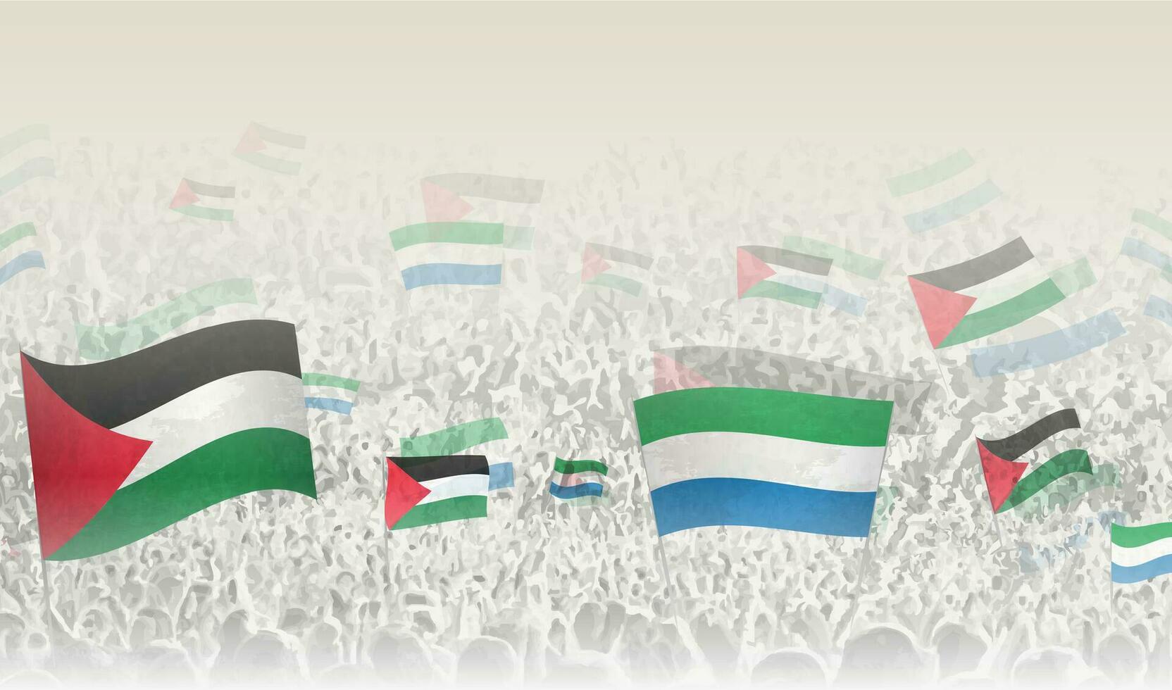Palestine and Sierra Leone flags in a crowd of cheering people. vector