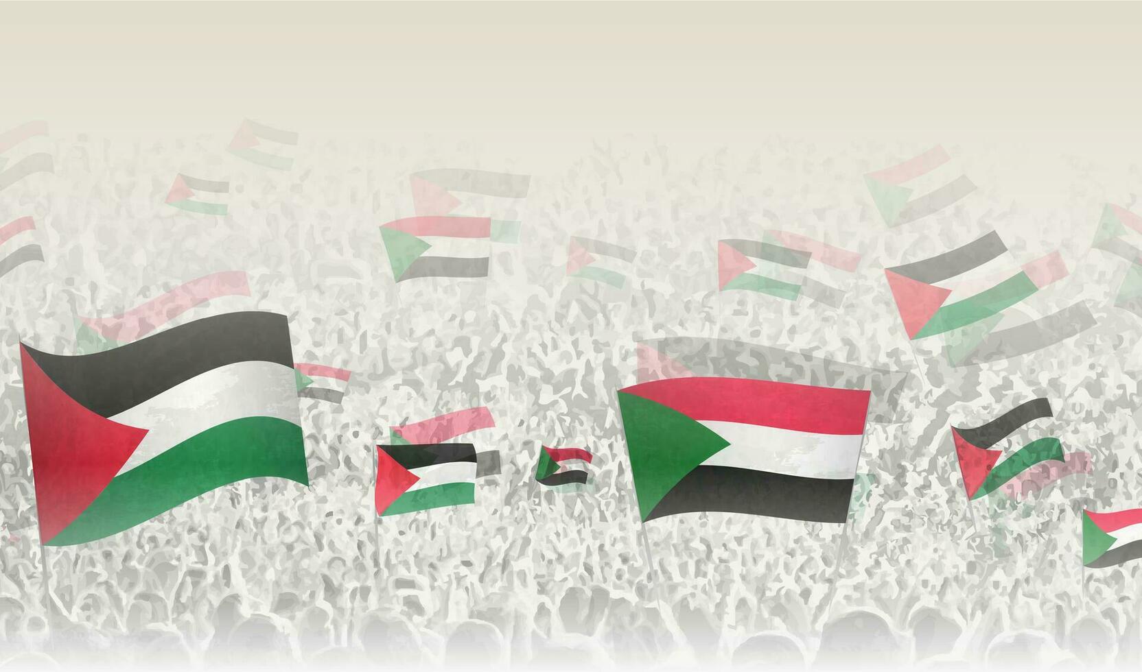 Palestine and Sudan flags in a crowd of cheering people. vector