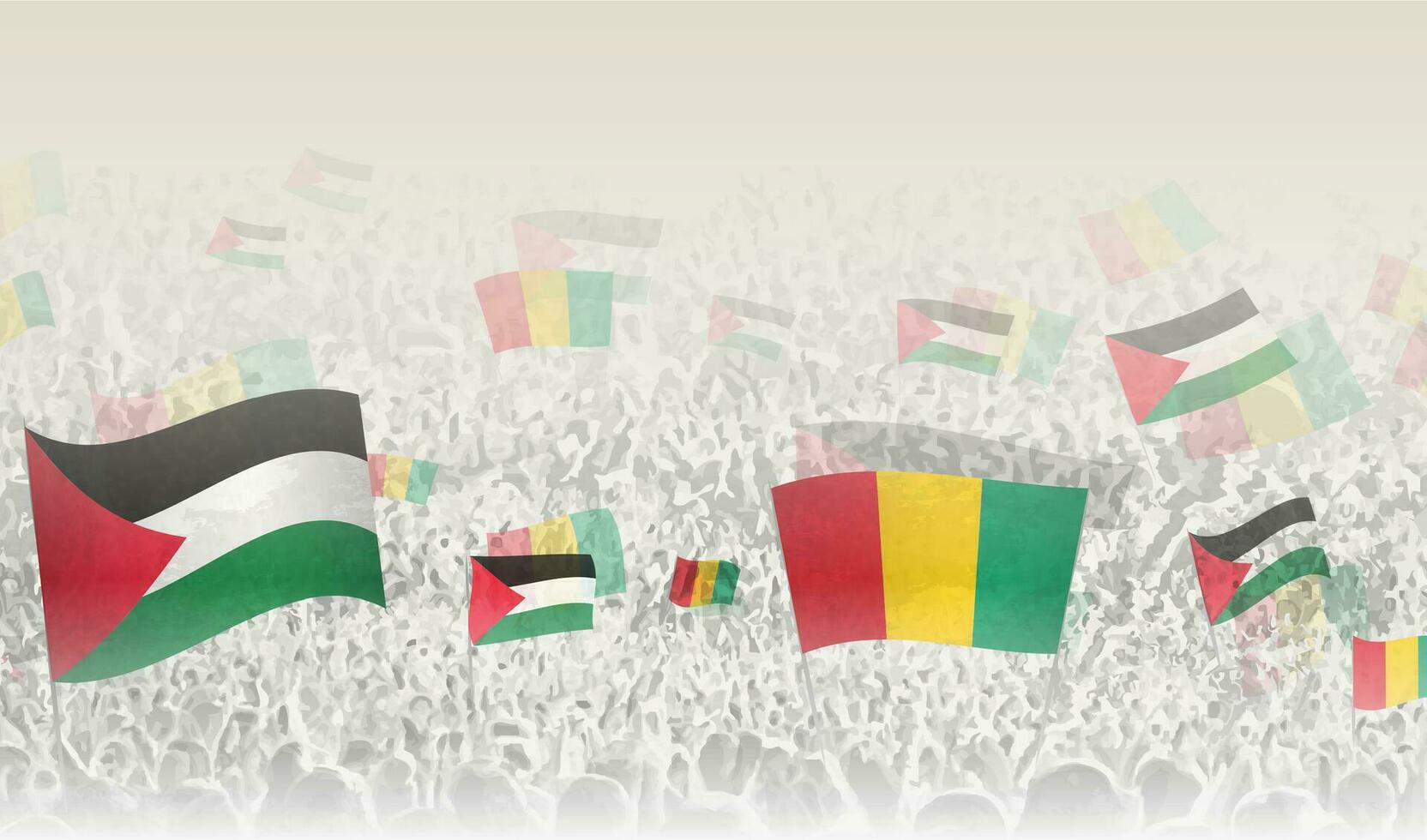 Palestine and Guinea flags in a crowd of cheering people. vector