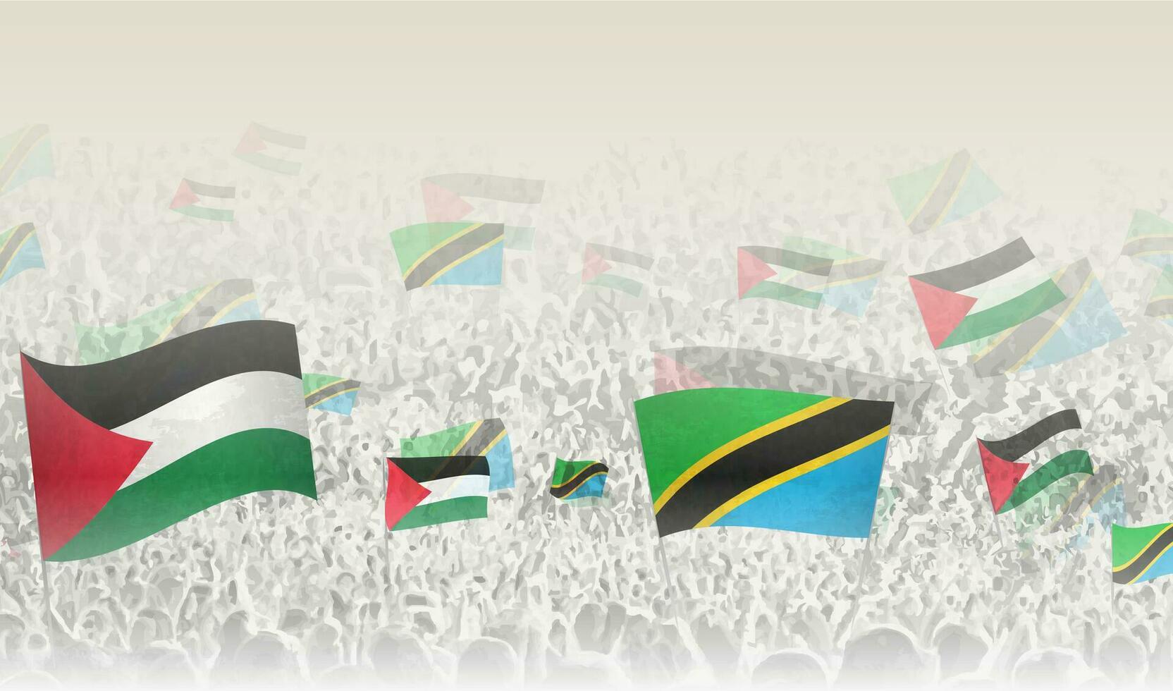 Palestina y Tanzania banderas en un multitud de aplausos gente. vector