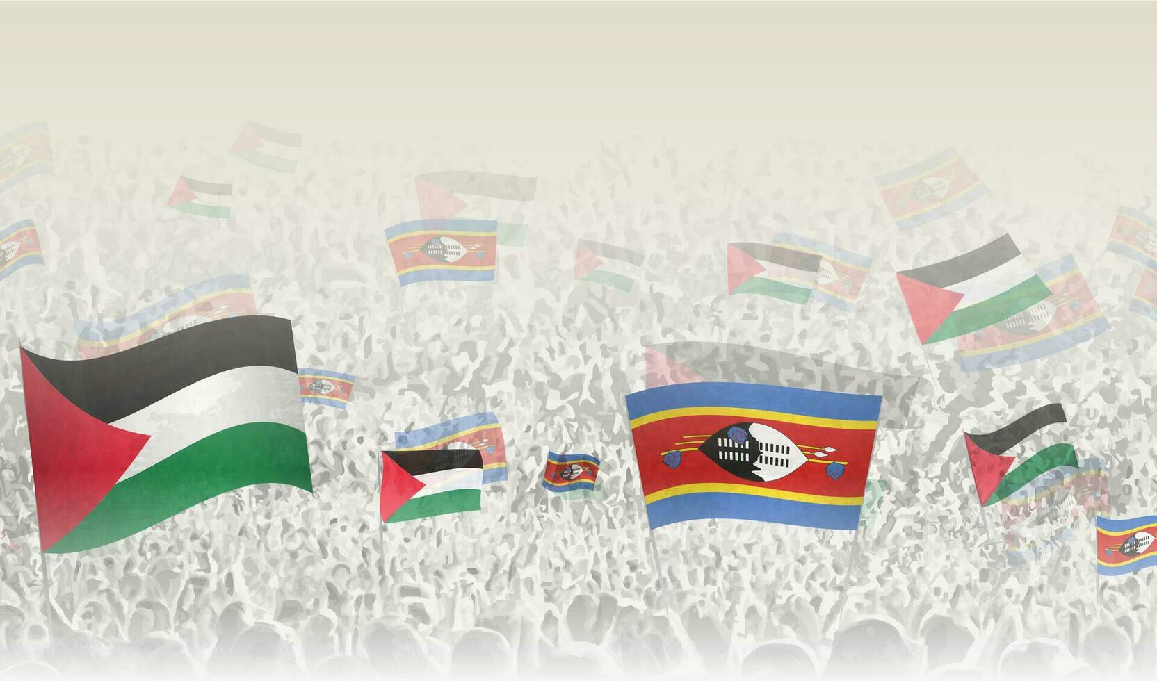 Palestina y Swazilandia banderas en un multitud de aplausos gente. vector