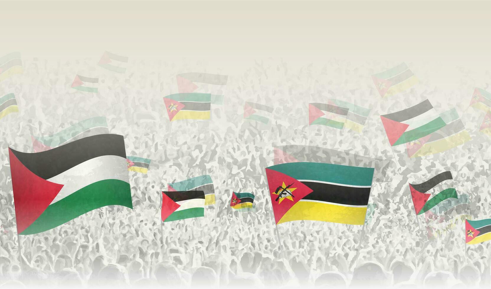 Palestina y Mozambique banderas en un multitud de aplausos gente. vector