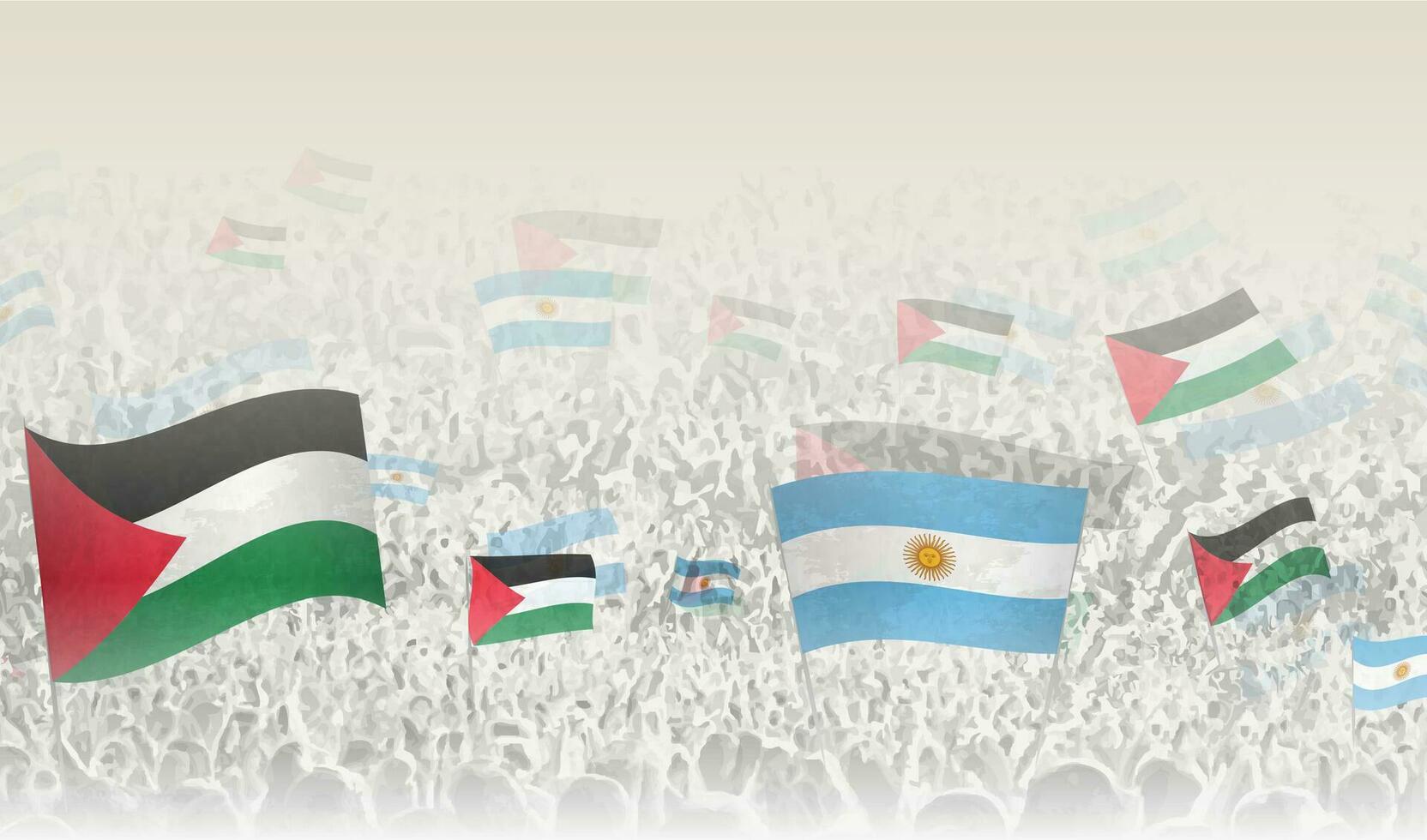 Palestine and Argentina flags in a crowd of cheering people. vector