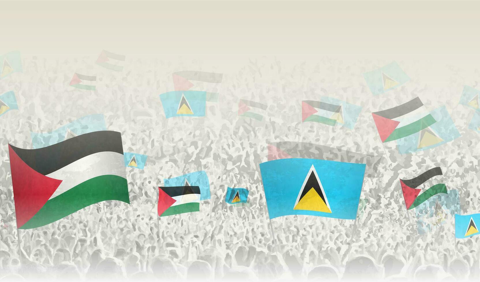 Palestine and Saint Lucia flags in a crowd of cheering people. vector