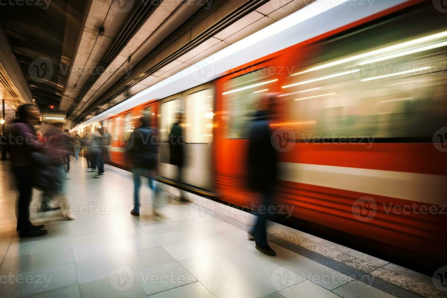 pasajeros a tren estación con movimiento difuminar efecto. generativo ai foto