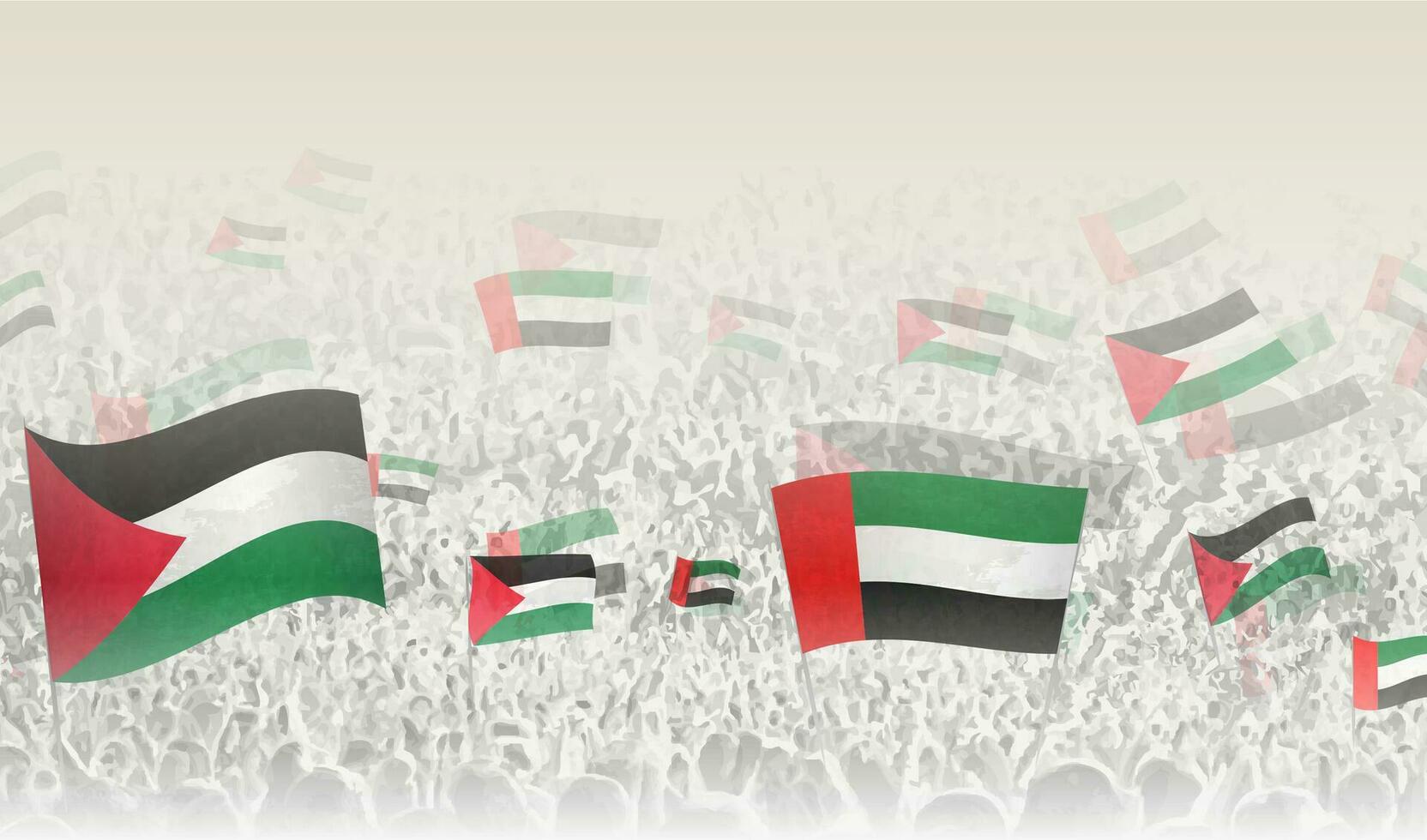 Palestine and United Arab Emirates flags in a crowd of cheering people. vector