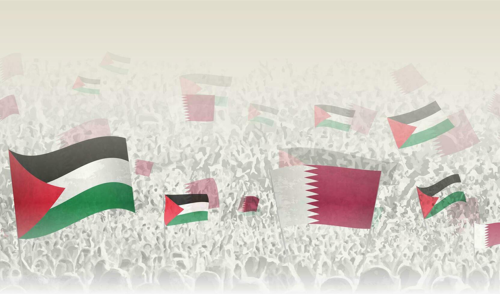 Palestine and Qatar flags in a crowd of cheering people. vector