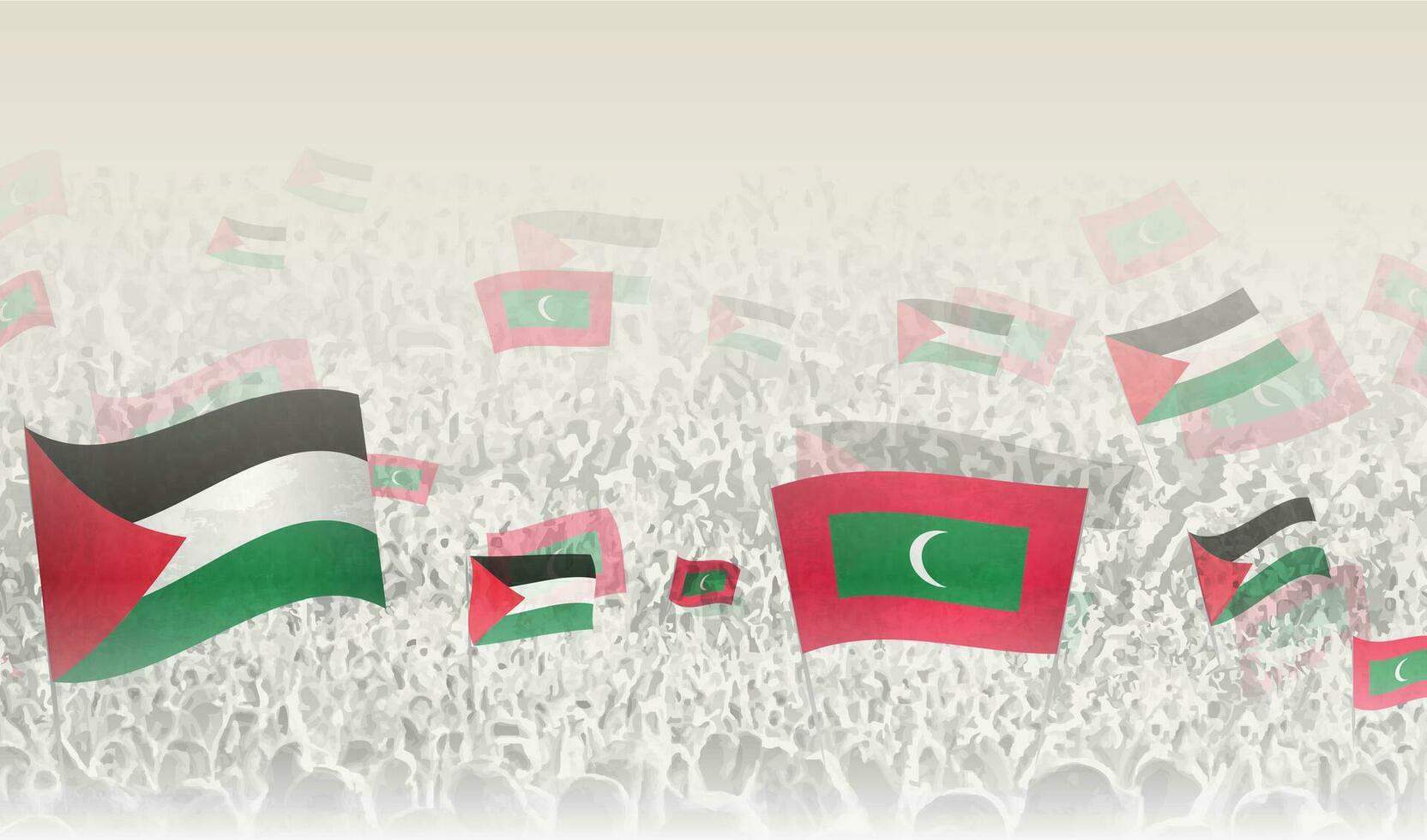 Palestine and Maldives flags in a crowd of cheering people. vector