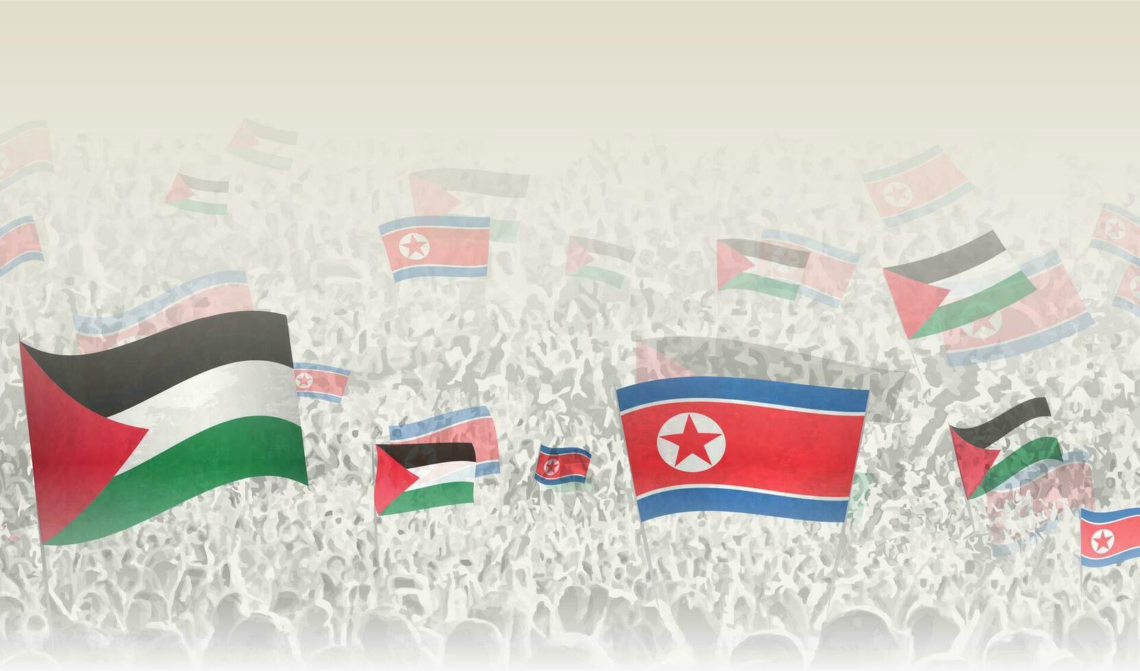 Palestina y norte Corea banderas en un multitud de aplausos gente. vector