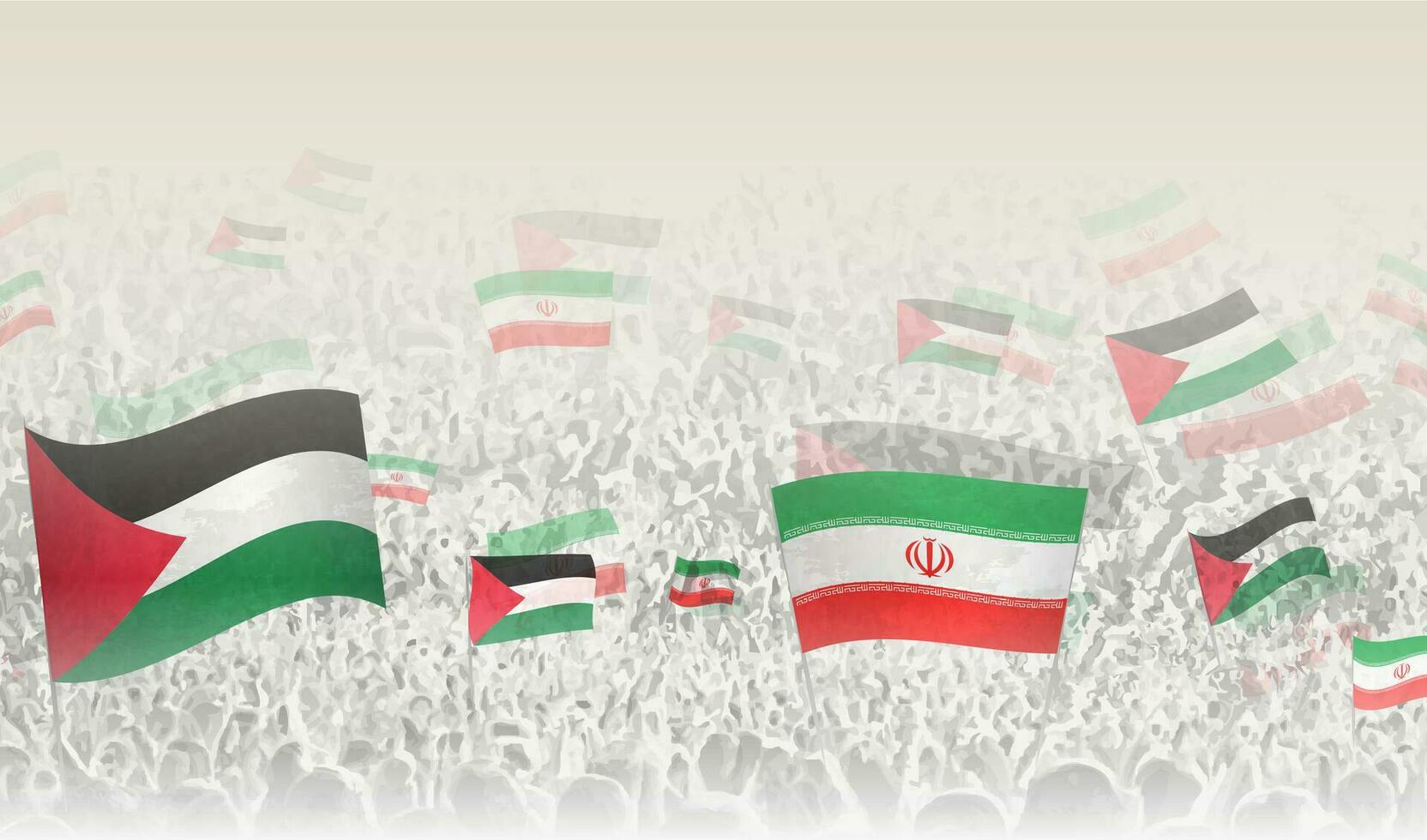 Palestine and Iran flags in a crowd of cheering people. vector