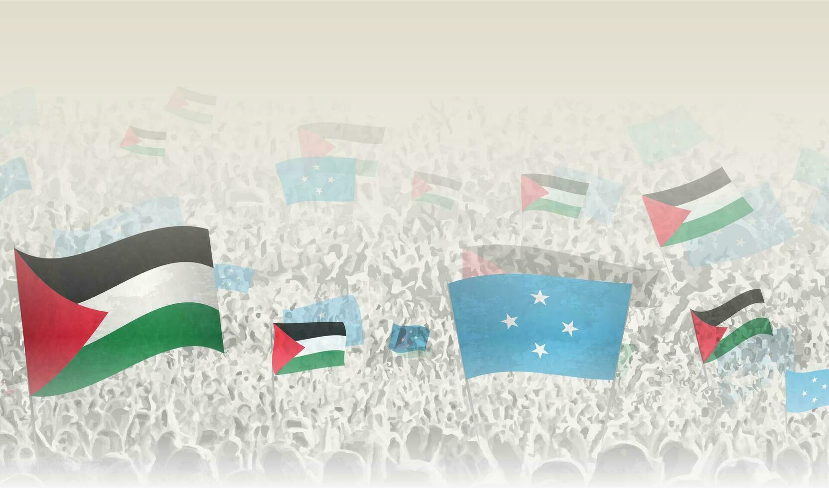 Palestine and Micronesia flags in a crowd of cheering people. vector