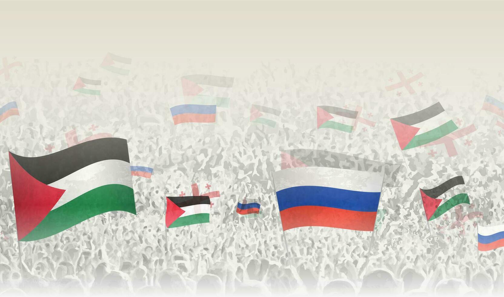 Palestine and Russia flags in a crowd of cheering people. vector