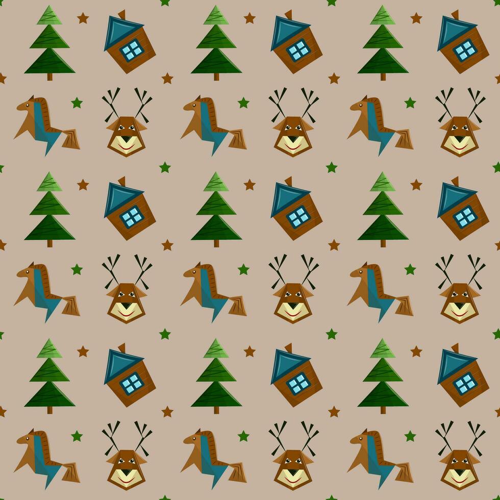 Festive seamless pattern with Christmas elements in brown colors. New Year pastel wrapping. Flat vector illustration.