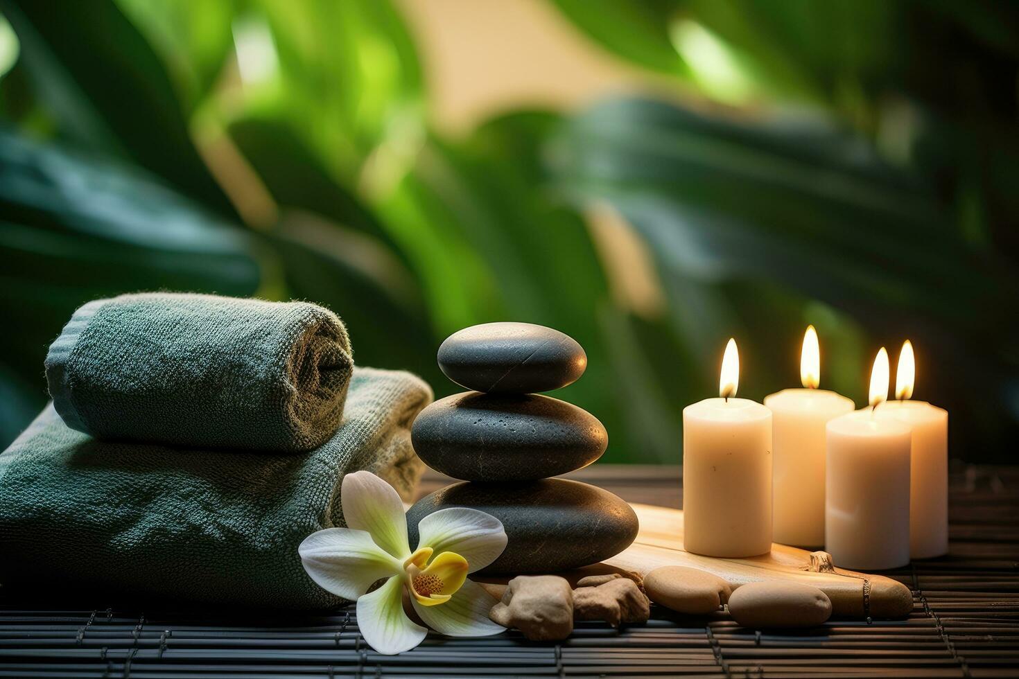 Spa still life with zen stones, candles and orchid flower, Spa concept with eucalyptus oil and eucalyptus leaf extract natural organic spa cosmetics products, AI Generated photo