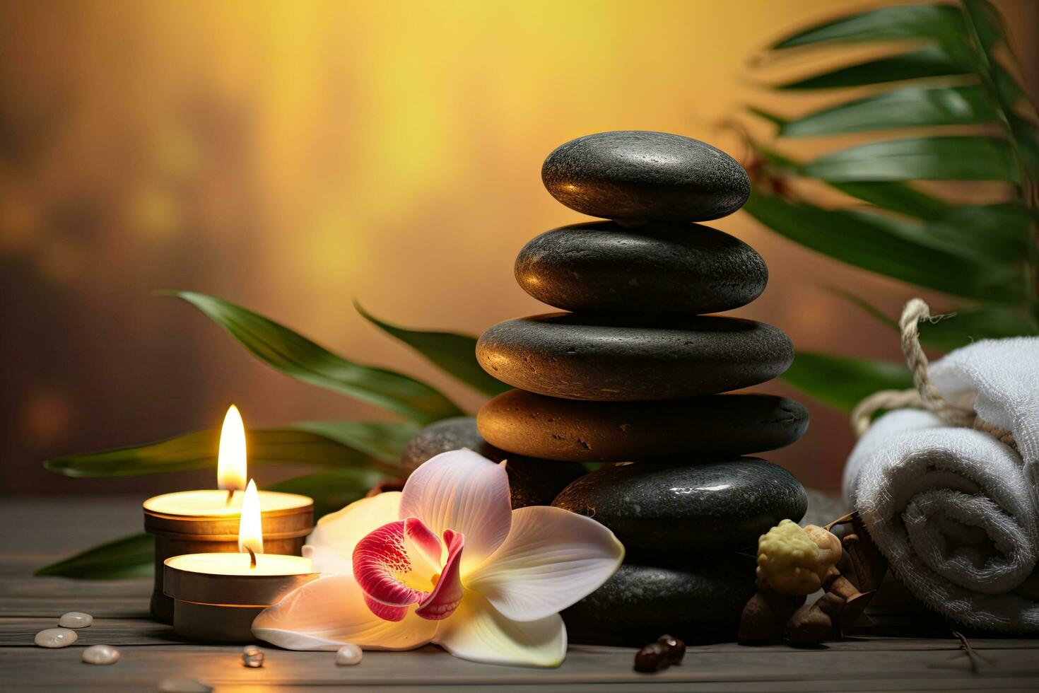 spa todavía vida con zen piedras, orquídea flor y vela en de madera fondo, spa concepto con eucalipto petróleo y eucalipto hoja extraer natural orgánico spa productos cosméticos productos, ai generado foto