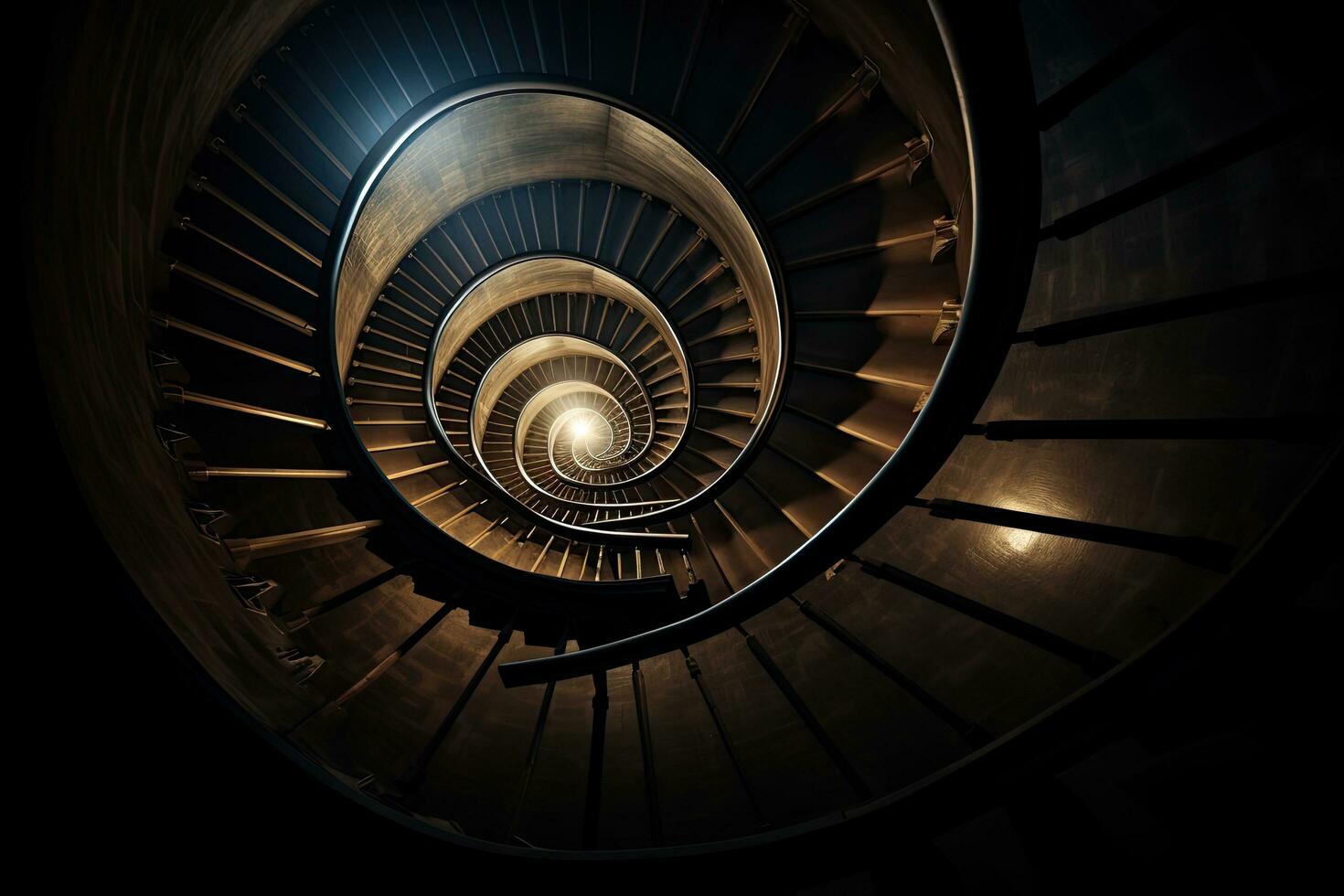 espiral escalera en el oscuro. cerca arriba ver de espiral escalera, espiral escalera en oscuro, ai generado foto
