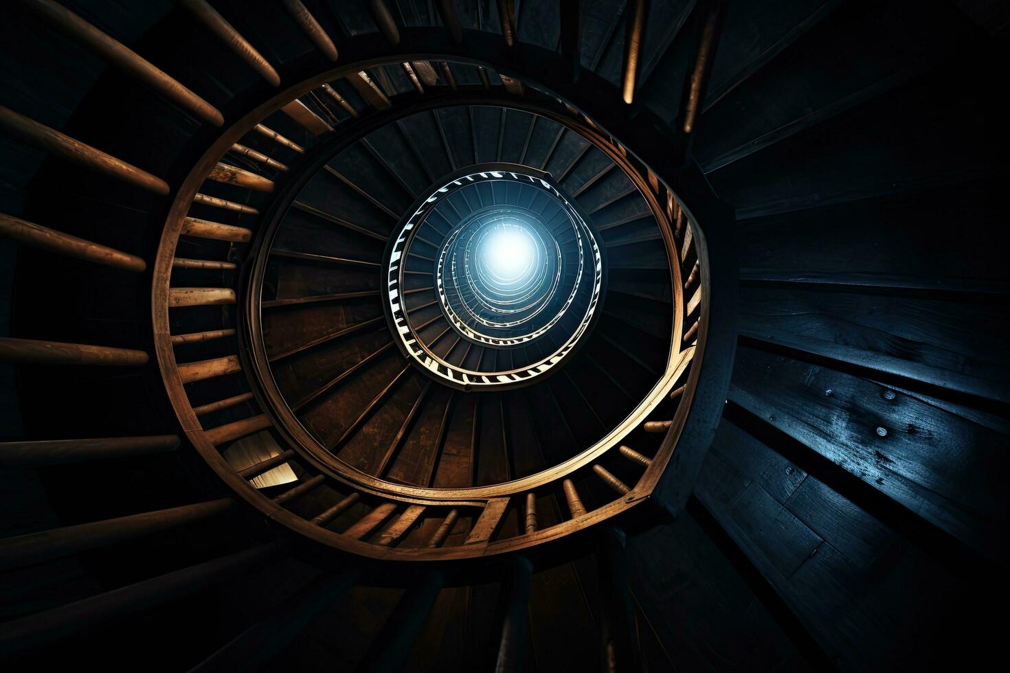 espiral escalera con azul ligero en el oscuro. 3d representación, espiral escalera en oscuro, ai generado foto