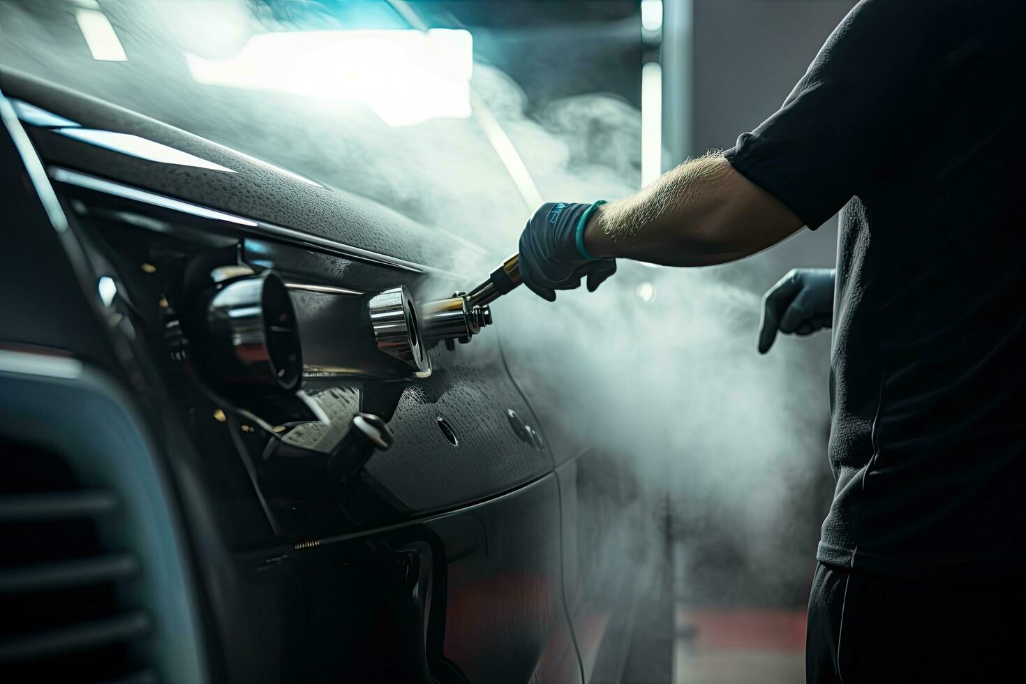 Car detailing series Worker polishing a car with high pressure water, Steam cleaning of car air system, AI Generated photo