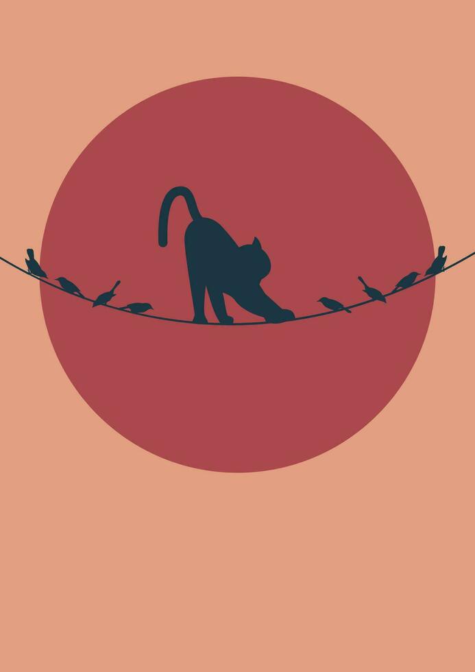 Birds on wire with cat illustration poster. Silhouette of the sparrows vector