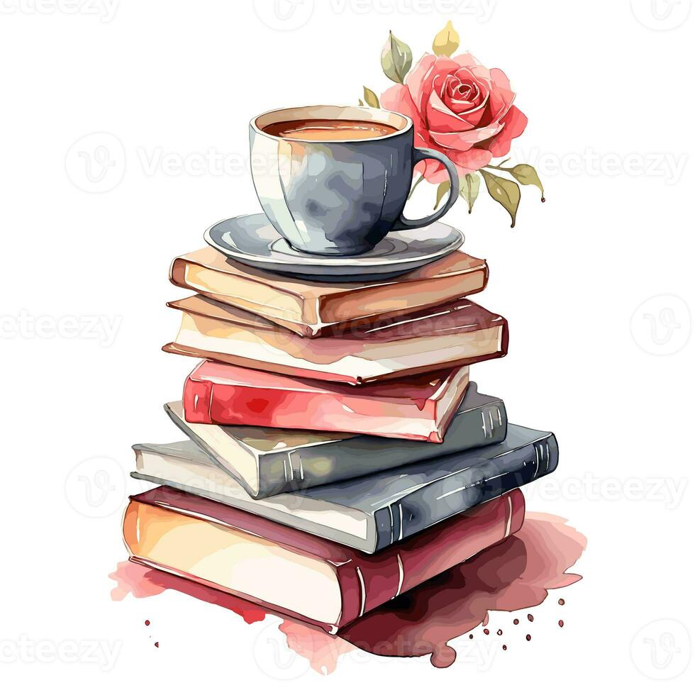 watercolor  books coffee and roses on white background photo