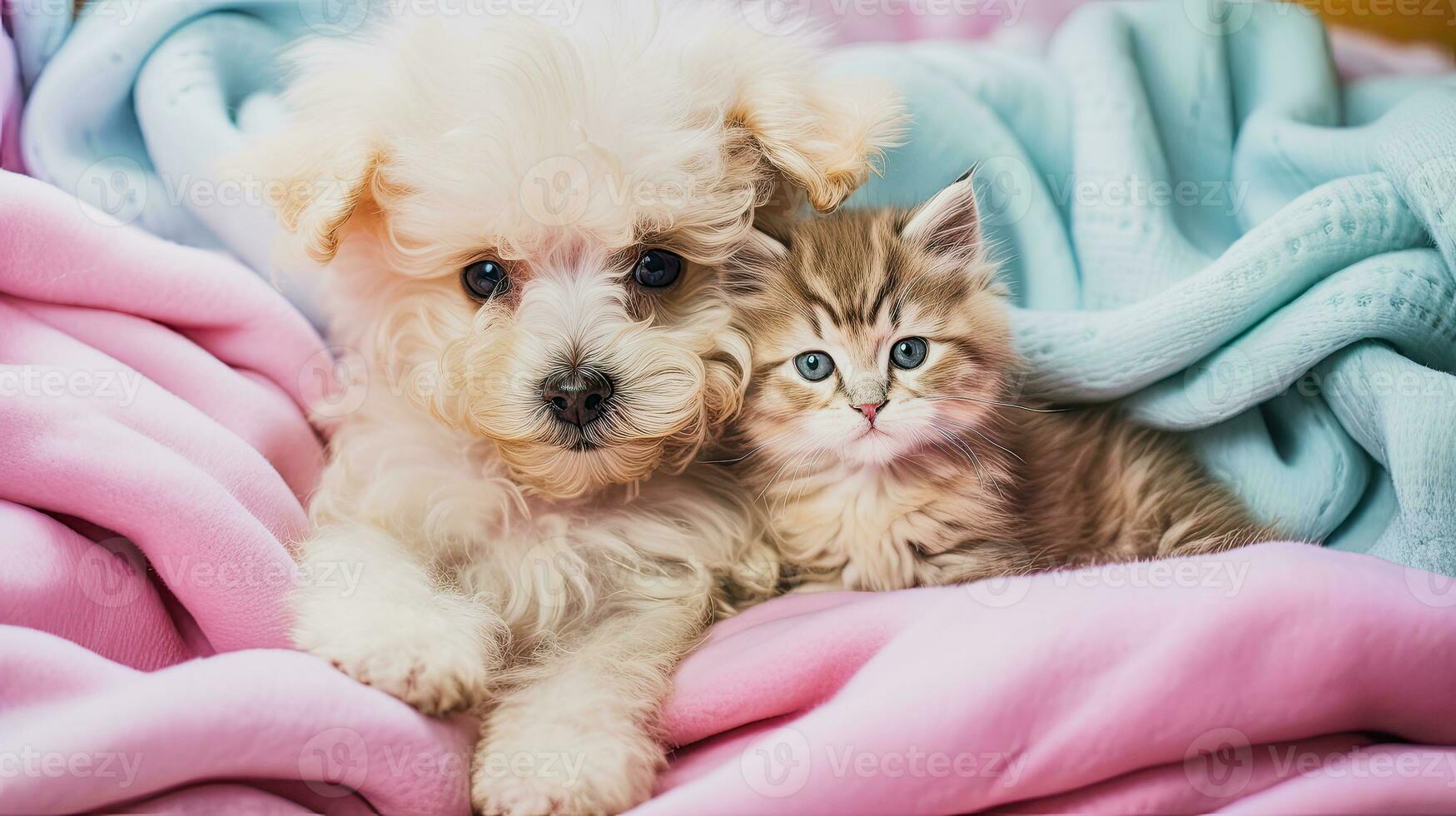 ai generativo, caniche y gatito en suave cobija foto