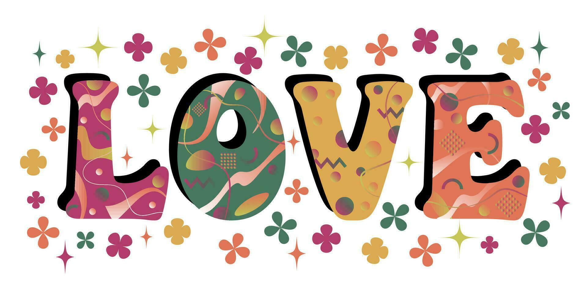 amor en estilo años 60 psicodélico tipografía con flores y estrellas. San Valentín día amor mensaje. vector