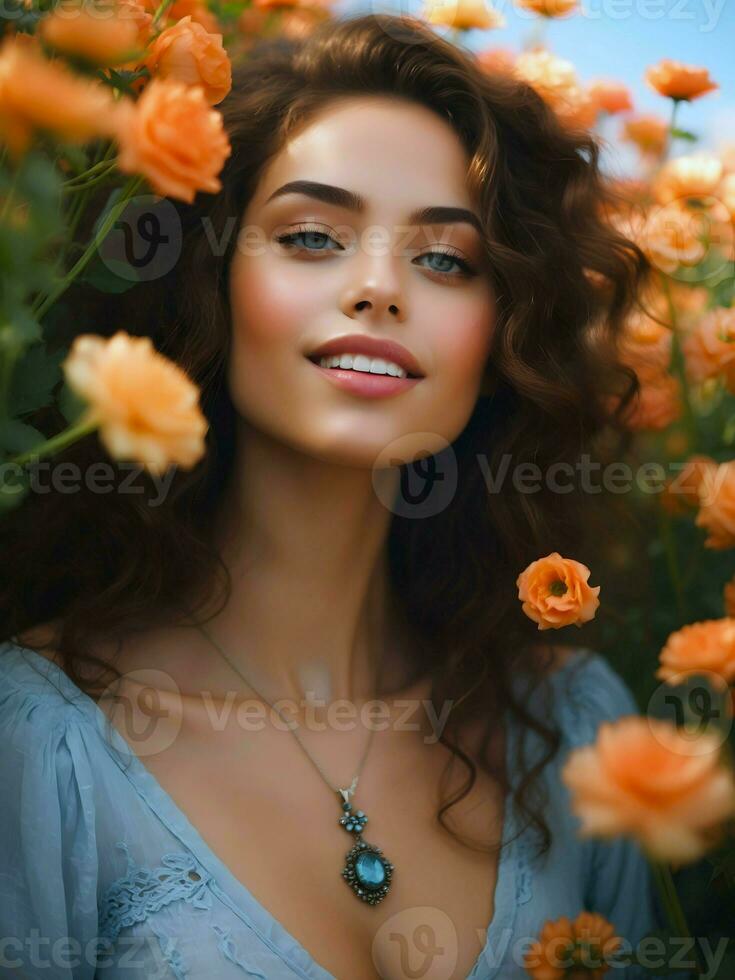 ai generativo retrato de maravilloso sensual atractivo morena caucásico hembra modelo sonriente en flor campo, Moda y belleza concepto, personas antecedentes foto