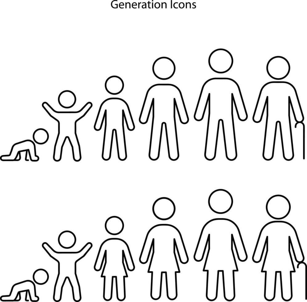icon set of a people at different ages, preschooler kid 1-5 years old, primary school age 6-9, senior school age 10-14, teenager 15-18, young man 19-30, average 40-50, elderly 60-80. vector