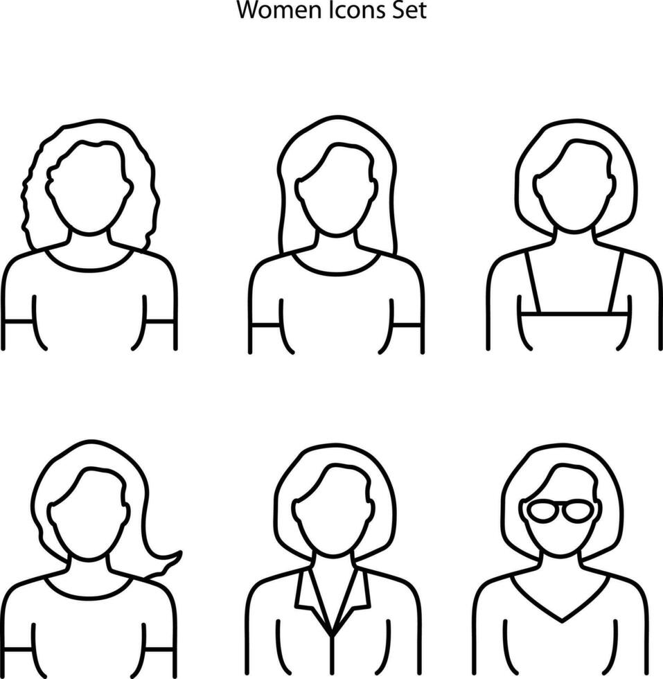 Female Face Various Types Signs Thin Line Icon Set Include of Avatar User, Portrait or Person Head. Vector illustration of Icons