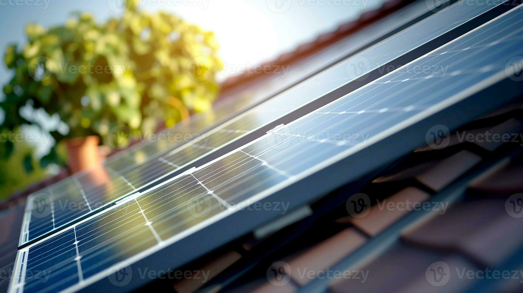 Close up of roof modern house with solar panel cell. Rural housing that uses solar panel. Concept of alternative energy and power sustainable resources. Generative AI photo