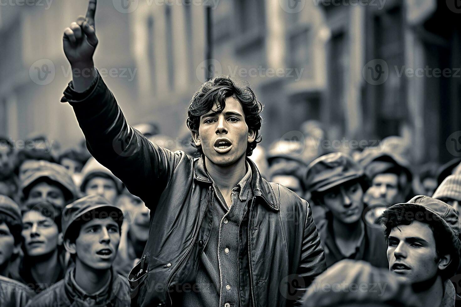 Old style photo of a man giving a speech during a demonstration. Young man speaking in public. Black and white photo. Generative AI