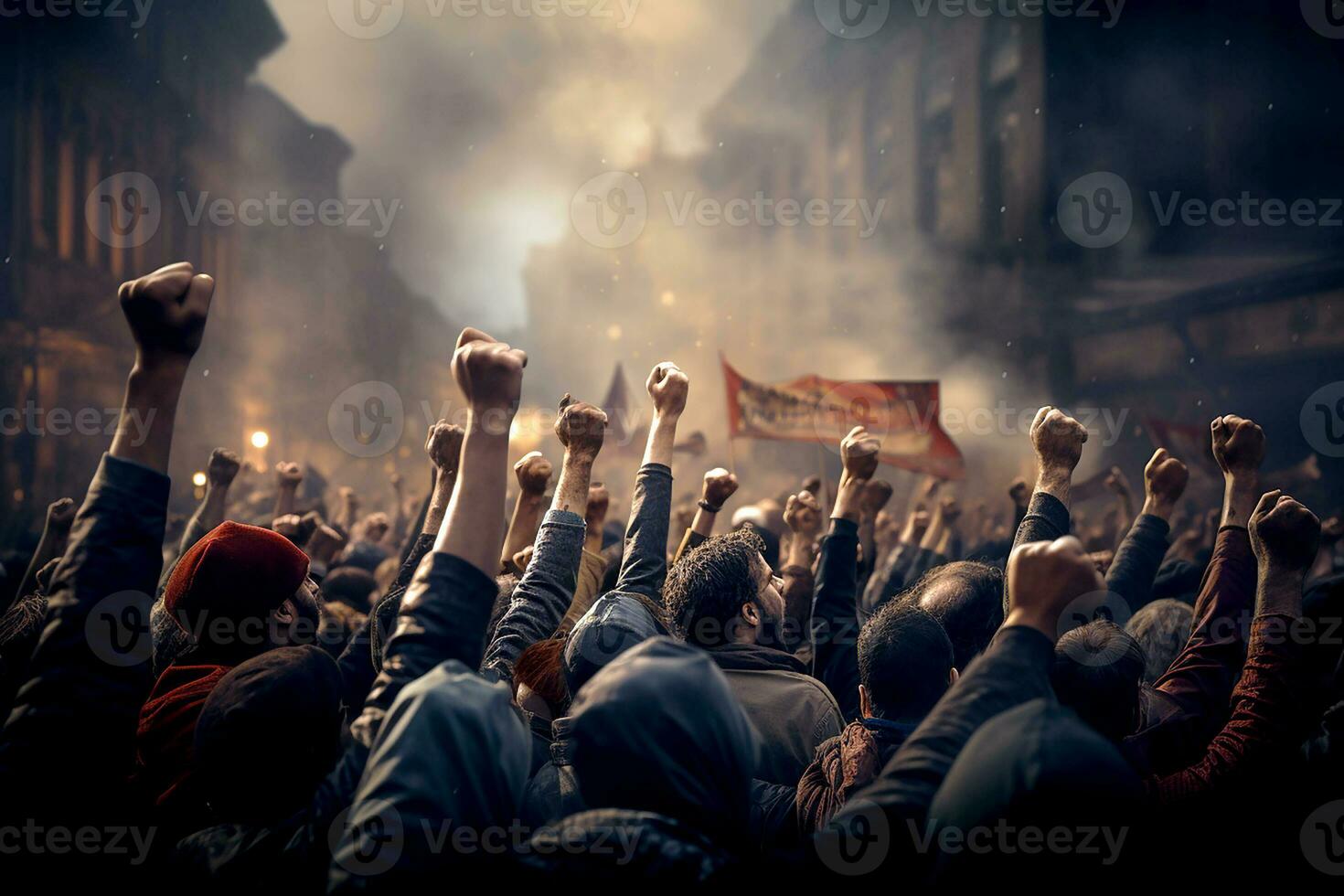 grupo de personas apretar su puños y aumento su manos. retrato de demostración, activista protestando generativo ai foto