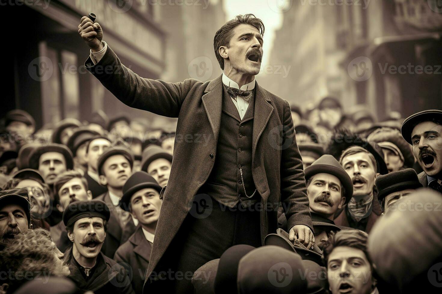 Old style photo of a man giving a speech during a demonstration. Young man speaking in public. Black and white photo. Generative AI