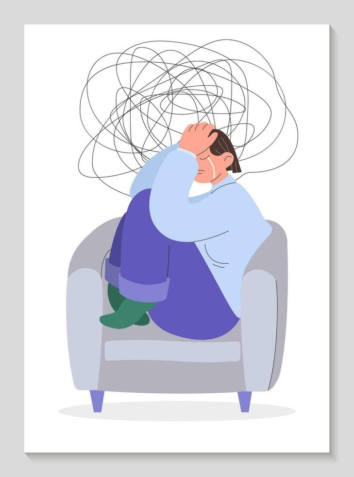 Mental problem poster. Girl is crying on chair. Mental health or disorder concept. Anxiety, depression, stress, headache. Dizziness, sad, anxious thoughts, emotional burnout. Vector flat illustration.