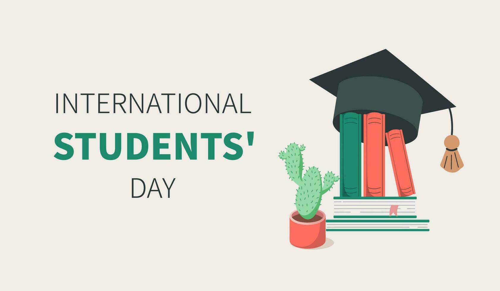 International Students Day simple banner. Student supplies, books. November 17. Holiday concept. Template for background, banner, card, poster with text inscription. Vector flat illustration.
