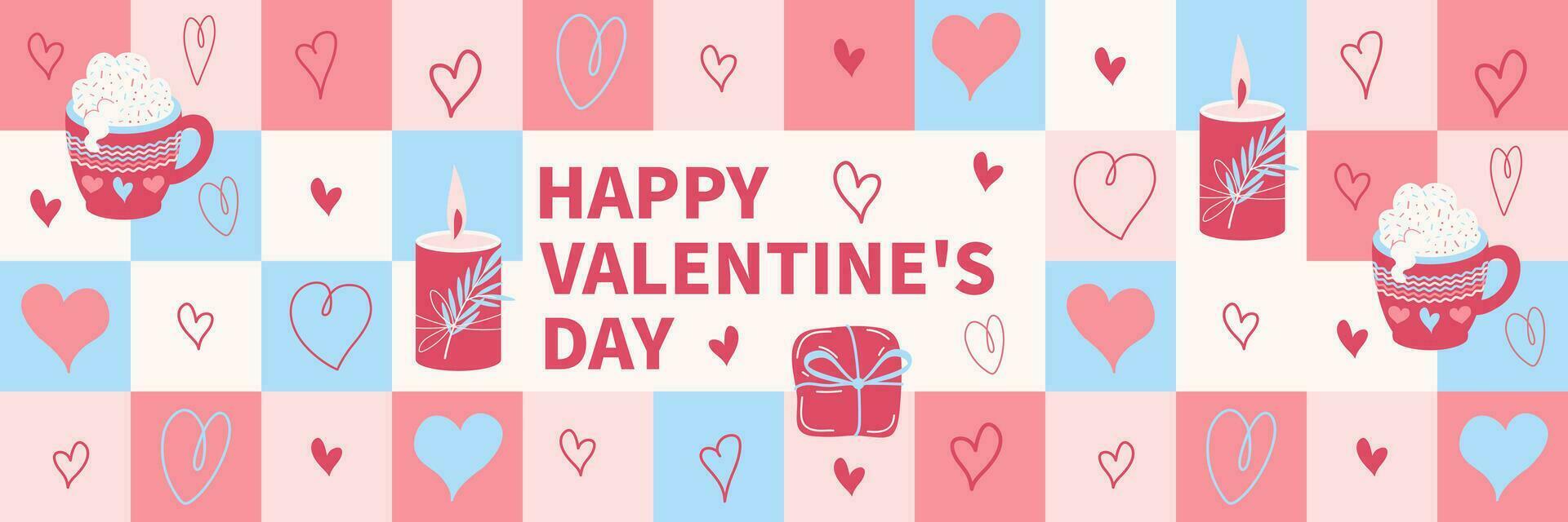 Valentine's day, February 14. Happy Valentine's day poster or voucher. Beautiful pattern with hearts and sweets. Various Hand drawn hearts. Vector illustration for postcard, congratulations, poster.
