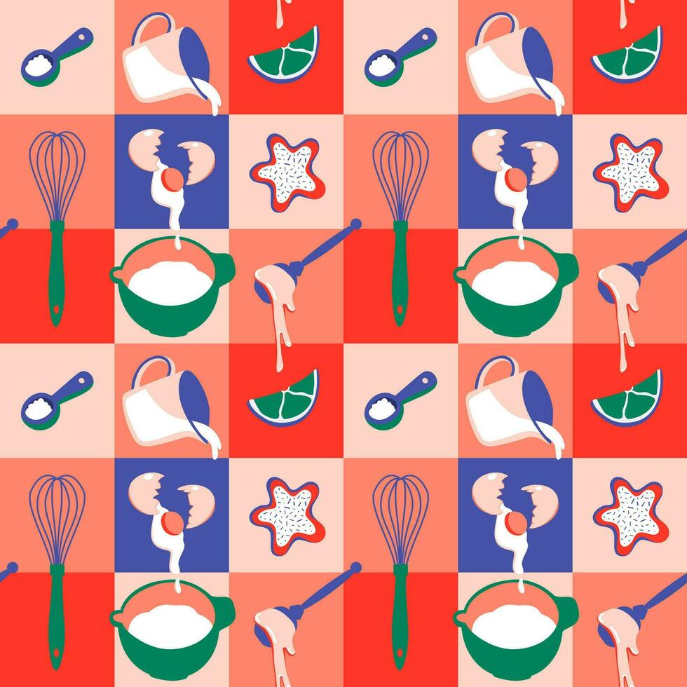 Culinary seamless pattern. Mosaic for kitchen with trendy bright colors. Food and kitchen tools vector illustration. Square pattern for your interior, cookbook or textile.
