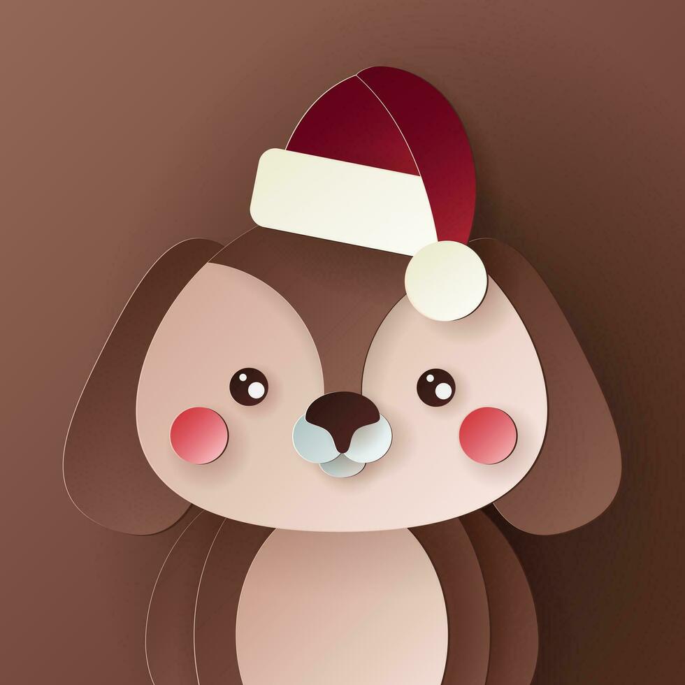 Vector cute christmas paper cut 3d  dog with shadow on colored background. Winter animal design  for presentation, banner, cover, web, flyer, card, sale, poster, slide and social media
