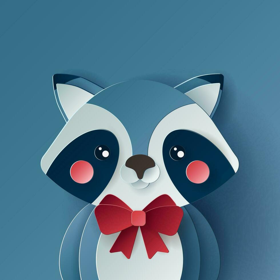 Vector cute christmas paper cut 3d racoon with shadow on colored background. Winter animal design  for presentation, banner, cover, web, flyer, card, sale, poster, slide and social media