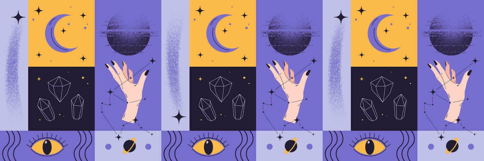 Astrological pattern. Cosmic elements, planets, comets and stars. Hand holds ball. Constellation of Aquarius. Drawing with dots. Magic, occultism and astrology concept. Vector illustration.