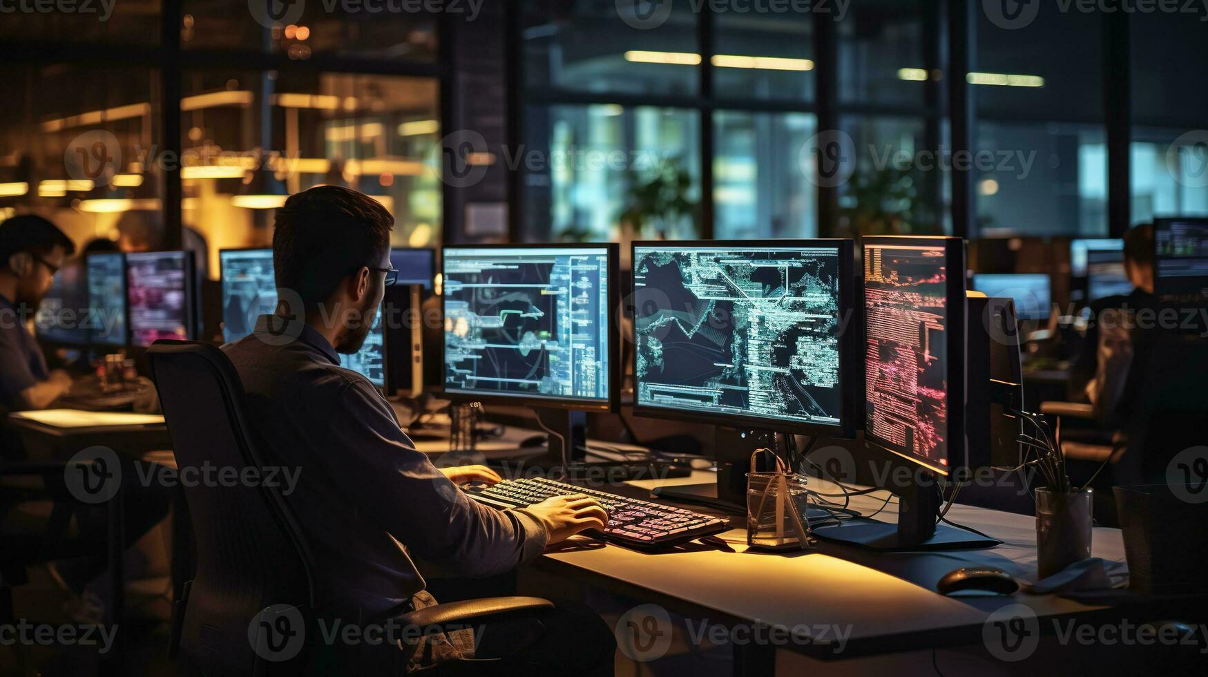 Business people using computers in modern office at night working time Generative AI photo