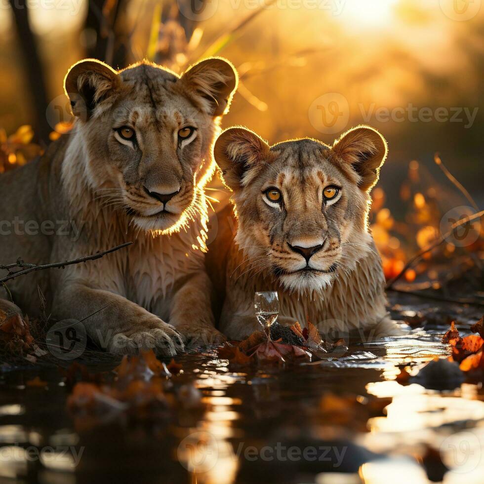 A shot of Lion cubs at sunset in Kruger National Park, South Africa Specie Panthera leo family of Felidae Generative AI photo
