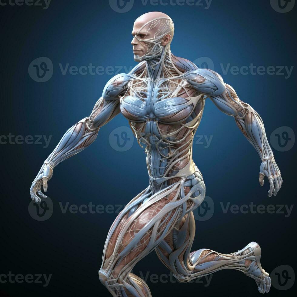 Human body with skeletal system, x ray view on dark background Generative AI photo