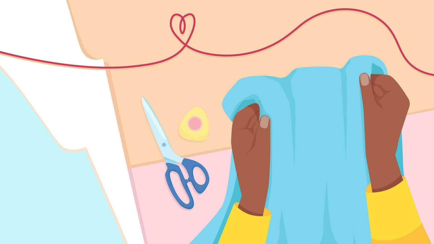 Two female dark-skinned hands hold fabric on the background of a table with sewing tools vector