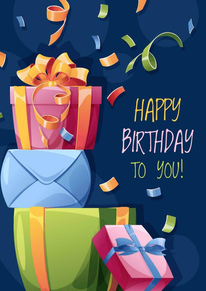Birthday greeting card template. Banner, flyer with a stack of gift boxes, prizes, serpentine. Happy birthday Invitation design for holiday, anniversary, party vector