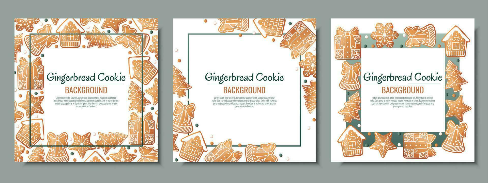 Set of Christmas background with gingerbread house, gift, snowflake, fir tree. Greeting card with cookies in glaze. Flyer, banner poster for invitation vector