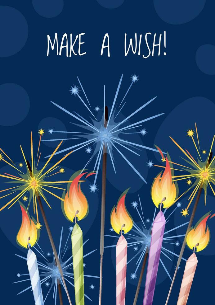 Birthday greeting card template. Banner, flyer with candles, sparkler. Make a wish Invitation design for holiday, anniversary, party. vector