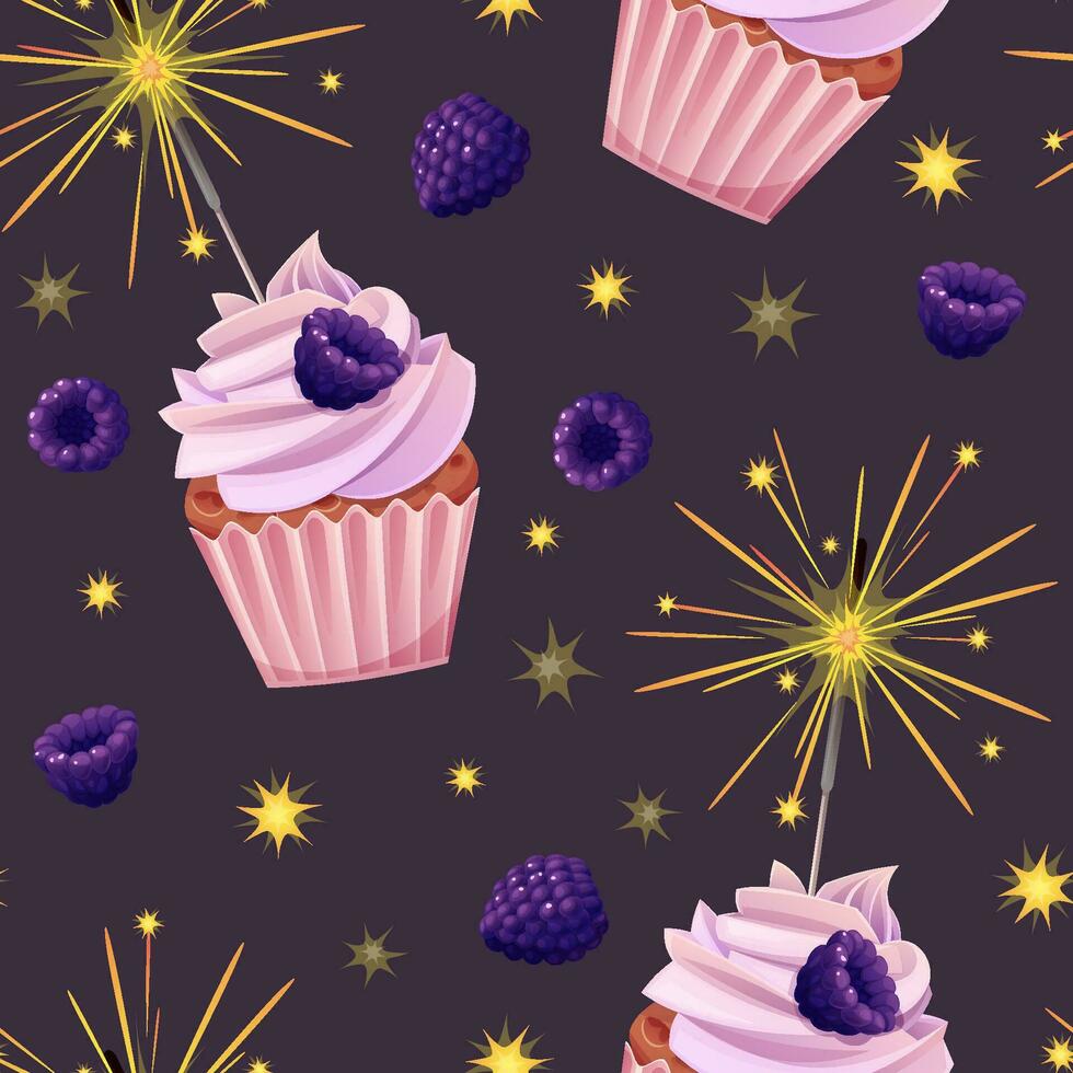 Seamless pattern with cupcake decorated with cream, blackberries and sparklers. Birthday muffin background. Festive texture for wrapping paper, cards, fabric, wallpaper. vector