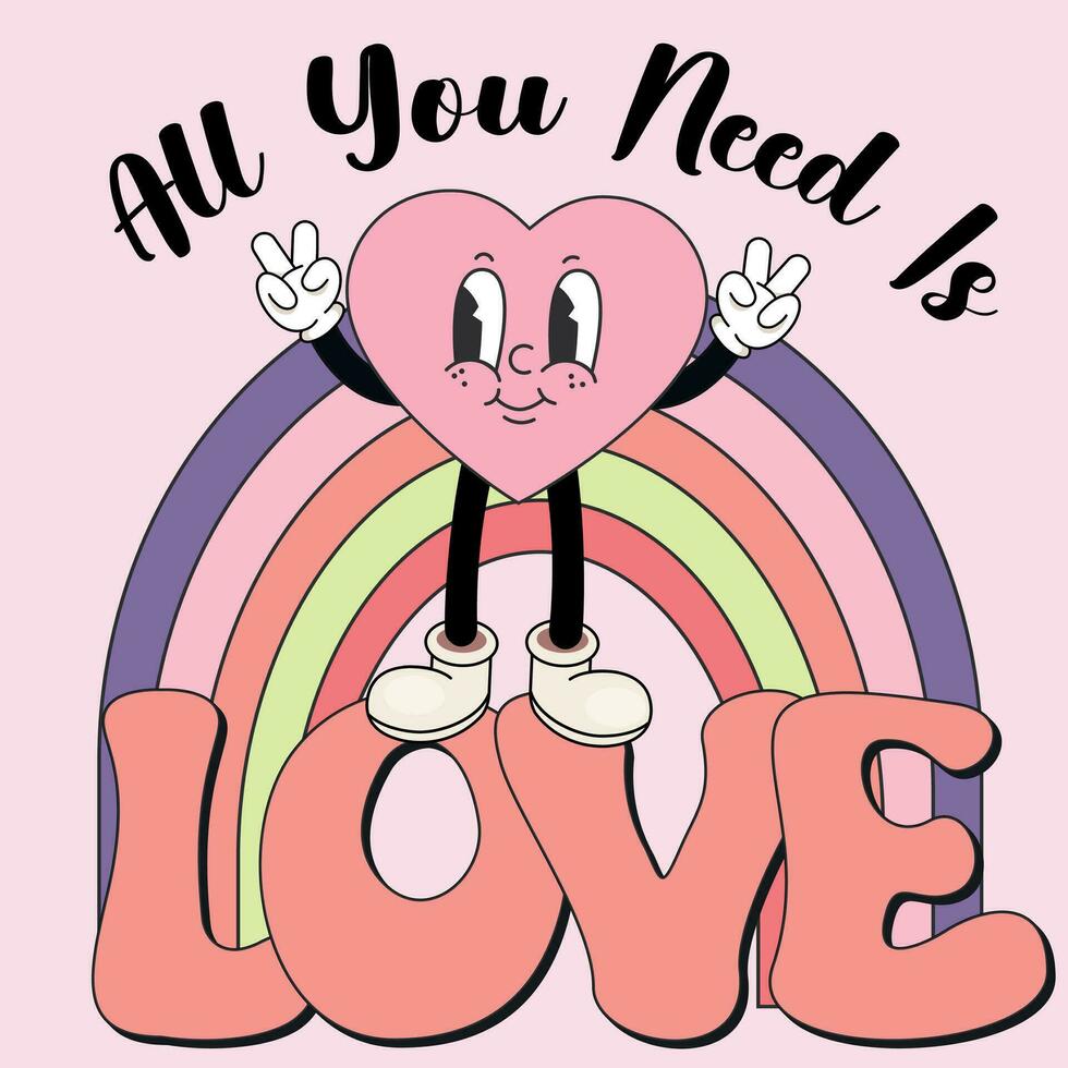 Valentine Day greeting card with groovy heart character. Love concept. Funky happy heart character in trendy retro 60s 70s cartoon style. Template for poster, banner, invitation, greeting card vector