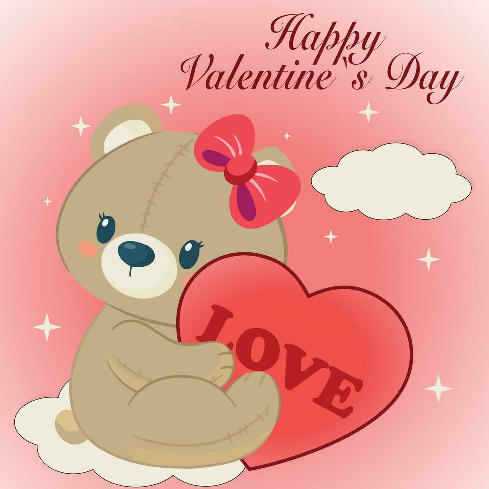 Cute cartoon bear with red heart. Love concept. Happy Valentines day greeting card. Funky background in trendy cartoon style. Vector illustration